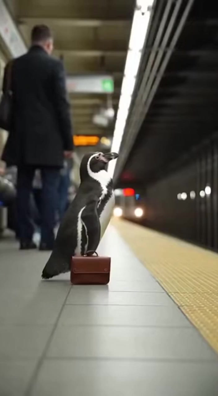 A Penguin with a Briefcase Waits for the Train.